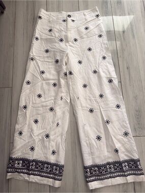 La Lavon Embroidered Ankle Pant White Linen Size Medium